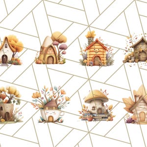 May include: A collection of watercolour illustrations featuring whimsical fairy houses in autumnal colours. The designs include mushroom-shaped homes, teacup houses, and cottages, all surrounded by fall foliage and autumnal elements.