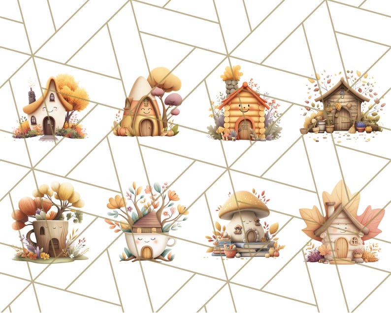 May include: A collection of watercolour illustrations featuring whimsical fairy houses in autumnal colours. The designs include mushroom-shaped homes, teacup houses, and cottages, all surrounded by fall foliage and autumnal elements.