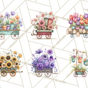 K&ouml;nnte beinhalten: Aquarellillustrationen von Blumenwagen voller bunter Bl&uuml;ten. Die Wagen sind in verschiedenen Farben gehalten, darunter T&uuml;rkis, Rosa und Lila, und sind mit Blumen, T&ouml;pfen und Etiketten verziert. Der Hintergrund ist ein wei&szlig;es geometrisches Muster.