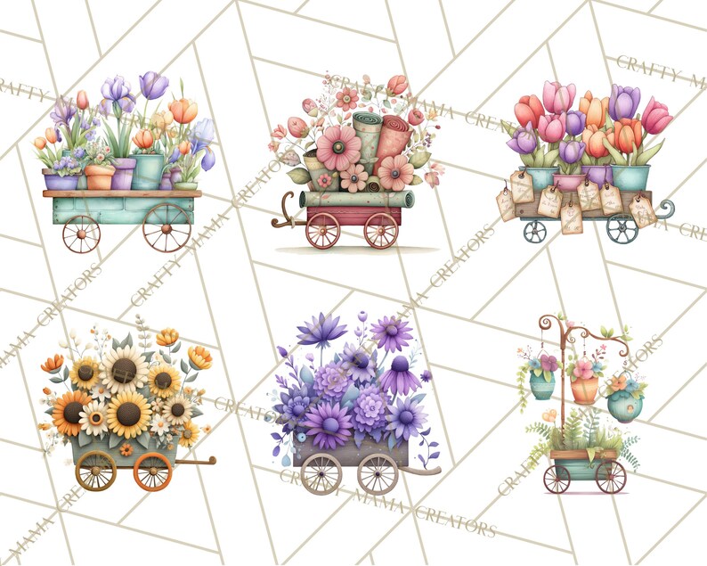 K&ouml;nnte beinhalten: Aquarellillustrationen von Blumenwagen voller bunter Bl&uuml;ten. Die Wagen sind in verschiedenen Farben gehalten, darunter T&uuml;rkis, Rosa und Lila, und sind mit Blumen, T&ouml;pfen und Etiketten verziert. Der Hintergrund ist ein wei&szlig;es geometrisches Muster.