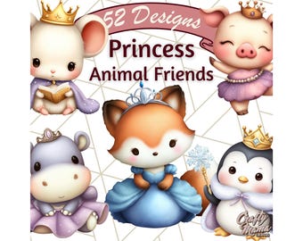 52 Png, Cute Princess Animals Clipart PNG, Royal Pet Clip Art, Fairytale Nursery Digital Graphics, Crowned Characters for Invitations