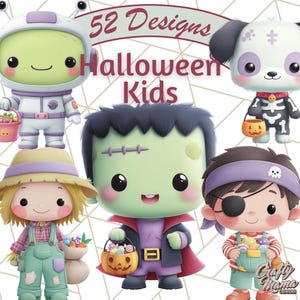 May include: A digital illustration featuring six cartoon characters in Halloween costumes. The characters include an astronaut, a dog in a skeleton costume, a scarecrow, Frankenstein's monster, and a pirate. The text "52 Designs Halloween Kids" is at the top.