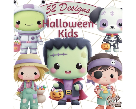 Kawaii Halloween Clipart, Cute Kids in Costumes, Trick or Treat Vector Graphics, Ghost Cat, Candy, Pumpkin, Flat Cartoon Clip Art