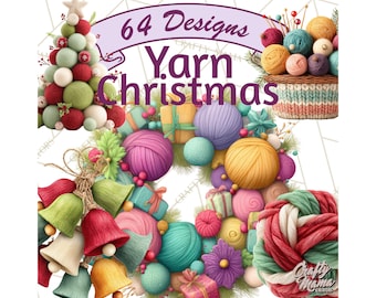 64 PNG, imágenes prediseñadas navideñas de hilo acogedor PNG, lindas imágenes prediseñadas de manualidades navideñas, ovillos de hilo festivos, coronas, adornos, ilustraciones de tejido y regalos