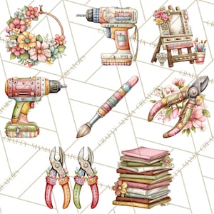 May include: Watercolor illustrations of craft supplies, including a drill, paint brush, wire cutters, and a stack of fabric. The tools are decorated with floral and pastel patterns. A floral wreath and artist's easel are also featured.