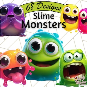 May include: A collection of colorful cartoon slime monsters in various shapes and expressions. The image includes text that reads "68 Designs Slime Monsters" and "Crafty Mama Creates". The monsters are in shades of purple, yellow, pink, green, and orange.