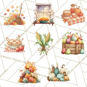 May include: Watercolor illustrations of autumn scenes. Includes a pile of leaves with a broom, a pie on a table, a window scene, pumpkins, pears in a wooden crate, and corn. The images have a warm, inviting color palette.