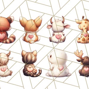 May include: Nine adorable cartoon animals with hearts on their backs. The animals include a red panda, a corgi, a cow, a giraffe, a goat, a cat, a seal, and a reindeer.