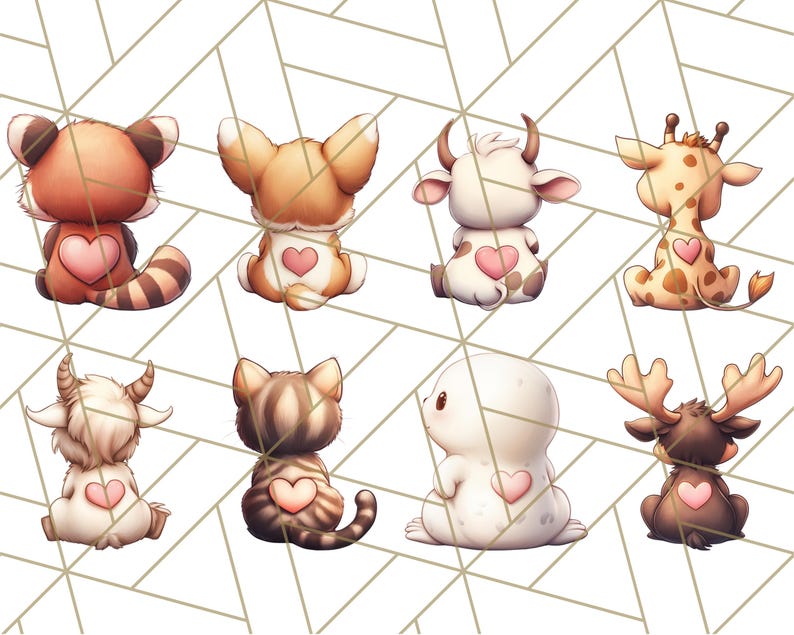 May include: Nine adorable cartoon animals with hearts on their backs. The animals include a red panda, a corgi, a cow, a giraffe, a goat, a cat, a seal, and a reindeer.