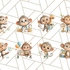 May include: A collection of eight cartoon monkey illustrations on a white background with a geometric pattern. The monkeys are depicted in various poses, some holding objects like a giraffe, balloons, and a sign that says "Find Giraffes".