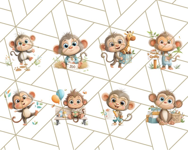 May include: A collection of eight cartoon monkey illustrations on a white background with a geometric pattern. The monkeys are depicted in various poses, some holding objects like a giraffe, balloons, and a sign that says "Find Giraffes".