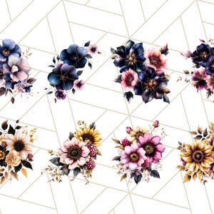 May include: A set of eight watercolor floral bouquets with various colors and styles. The bouquets feature sunflowers, roses, and other flowers in shades of pink, blue, yellow, and gold.