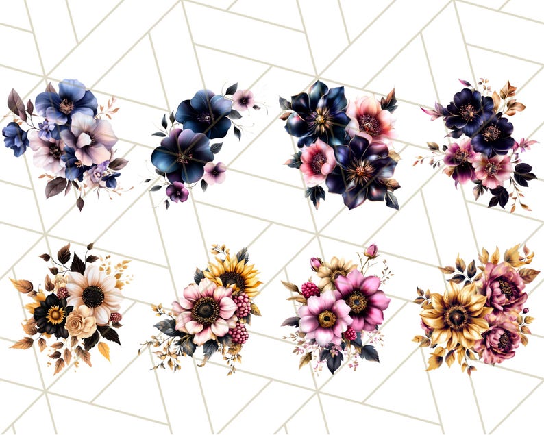 May include: A set of eight watercolor floral bouquets with various colors and styles. The bouquets feature sunflowers, roses, and other flowers in shades of pink, blue, yellow, and gold.