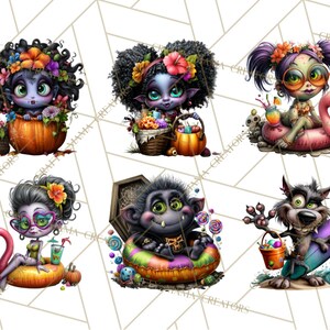 May include: A collection of six whimsical Halloween-themed illustrations. Each features a cartoon character with unique features, such as a vampire, werewolf, and zombie, in a playful setting. The characters are surrounded by Halloween and summer elements.