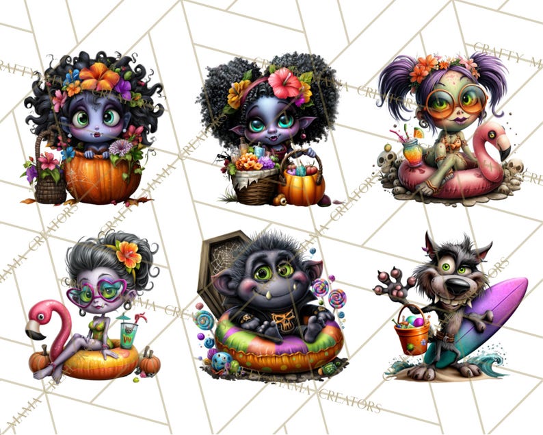 May include: A collection of six whimsical Halloween-themed illustrations. Each features a cartoon character with unique features, such as a vampire, werewolf, and zombie, in a playful setting. The characters are surrounded by Halloween and summer elements.