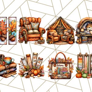 May include: Watercolor illustrations of autumn-themed items. Includes images of fall leaves, acorns, a cozy armchair with a blanket, a reading nook, a stack of books, a handbag with the word "Autumn", and pumpkins.