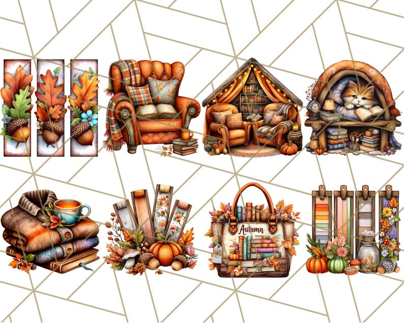 May include: Watercolor illustrations of autumn-themed items. Includes images of fall leaves, acorns, a cozy armchair with a blanket, a reading nook, a stack of books, a handbag with the word "Autumn", and pumpkins.