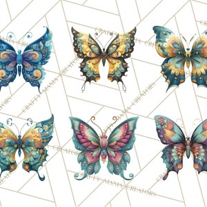 Puede incluir: Seis ilustraciones de mariposas en acuarela en varios colores, incluyendo azul, amarillo y rosa. Cada mariposa tiene patrones y detalles intrincados, con un estilo decorativo. Las mariposas est&aacute;n dispuestas sobre un fondo blanco con un patr&oacute;n geom&eacute;trico.