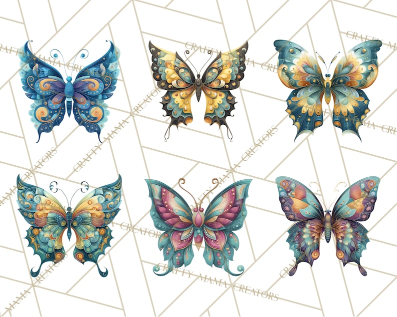 Puede incluir: Seis ilustraciones de mariposas en acuarela en varios colores, incluyendo azul, amarillo y rosa. Cada mariposa tiene patrones y detalles intrincados, con un estilo decorativo. Las mariposas est&aacute;n dispuestas sobre un fondo blanco con un patr&oacute;n geom&eacute;trico.