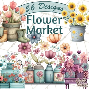 Könnte beinhalten: Aquarellillustration eines Blumenmarktes mit verschiedenen Blumenarrangements in Eimern, Vasen und Kisten. Das Bild enthält den Text "56 Designs Flower Market". Die Farbpalette zeigt sanfte Pastelltöne und lebendige Blüten.
