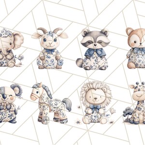 May include: Eight watercolor illustrations of animals wearing blue and white patterned clothing. The animals include an elephant, goat, raccoon, fox, koala, horse, lion, and giraffe.