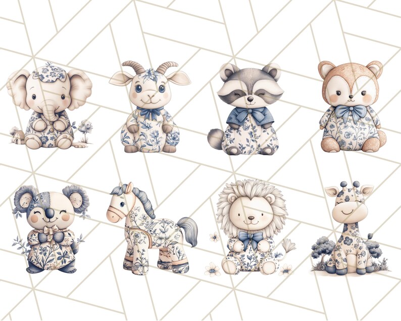 May include: Eight watercolor illustrations of animals wearing blue and white patterned clothing. The animals include an elephant, goat, raccoon, fox, koala, horse, lion, and giraffe.