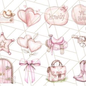 May include: A set of pink watercolour illustrations with a western theme. The illustrations include a cowboy hat, a heart, a star, a saddle, a gun, a door, a bow, a purse, and boots. The illustrations also include the words "howdy" and "yee haw".