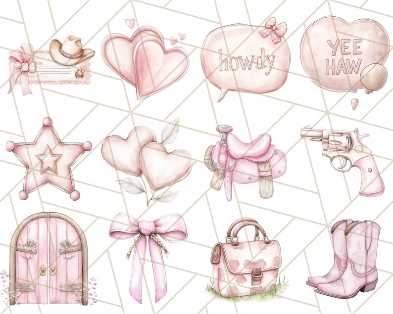May include: A set of pink watercolour illustrations with a western theme. The illustrations include a cowboy hat, a heart, a star, a saddle, a gun, a door, a bow, a purse, and boots. The illustrations also include the words "howdy" and "yee haw".
