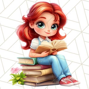 May include: A young girl with long red hair sits on a stack of books, holding an open book in her hands. She is wearing a light blue overall dress and red shoes.