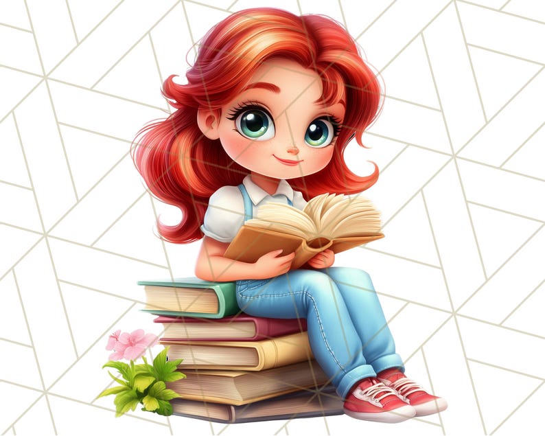 May include: A young girl with long red hair sits on a stack of books, holding an open book in her hands. She is wearing a light blue overall dress and red shoes.