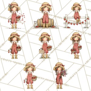 May include: Watercolor illustrations of a girl in a straw hat and red gingham overalls, holding strawberries or a basket of strawberries. The images have a rustic, country theme, with some featuring hay bales and a wooden fence.