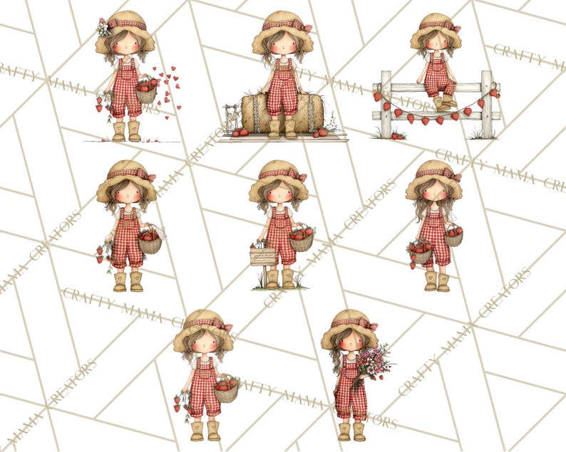 May include: Watercolor illustrations of a girl in a straw hat and red gingham overalls, holding strawberries or a basket of strawberries. The images have a rustic, country theme, with some featuring hay bales and a wooden fence.