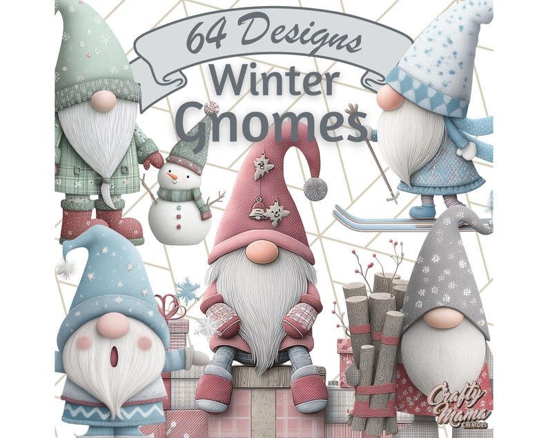 May include: A collection of winter gnome designs in various colors, including blue, pink, and green. The gnomes are depicted with long white beards, hats, and winter clothing. The image includes the text "64 Designs Winter Gnomes."