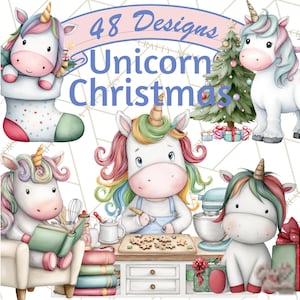 48 Png Christmas Unicorn Clipart Bundle, Cute Watercolor Unicorns PNG, Holiday Unicorn Clip Art, Festive Winter Unicorn Digital Stamps