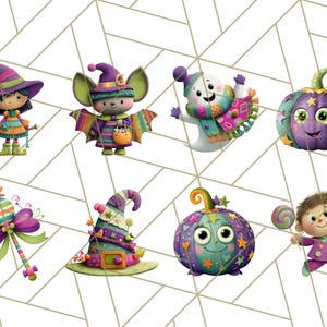 May include: A collection of whimsical Halloween-themed illustrations. The image features a witch, a bat-like creature, a ghost, and two pumpkins, all with smiling faces. Also included are a witch's hat and a wand. The color palette includes purple, green, and orange.