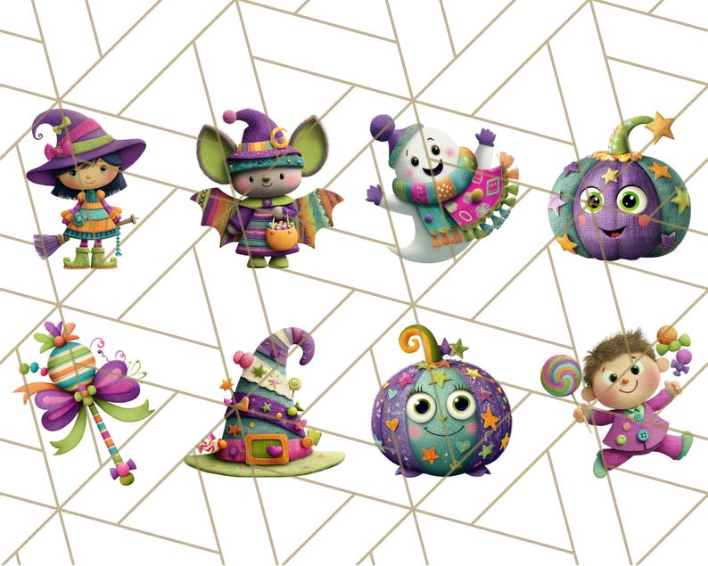 May include: A collection of whimsical Halloween-themed illustrations. The image features a witch, a bat-like creature, a ghost, and two pumpkins, all with smiling faces. Also included are a witch's hat and a wand. The color palette includes purple, green, and orange.