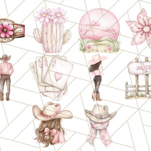 May include: A set of pink and white watercolour illustrations featuring a cactus, a cowboy hat, a motel sign, playing cards, a sunset, and a flower. The illustrations are ideal for scrapbooking, card making, or other craft projects.