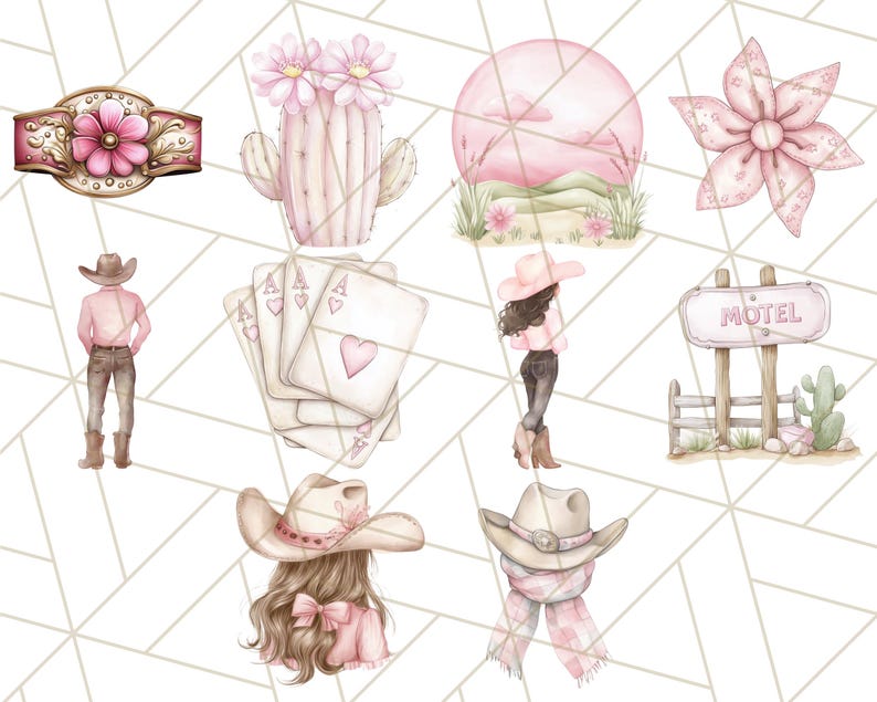 May include: A set of pink and white watercolour illustrations featuring a cactus, a cowboy hat, a motel sign, playing cards, a sunset, and a flower. The illustrations are ideal for scrapbooking, card making, or other craft projects.