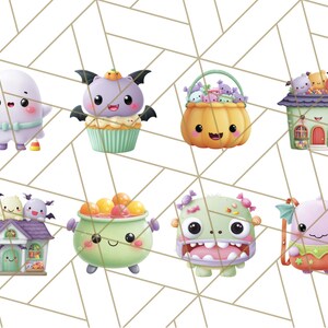 May include: A collection of adorable Halloween-themed illustrations. The images include a ghost holding a "Boo!" sign, a bat cupcake, a pumpkin basket, a house with monsters, a cauldron, a zombie, and a monster with wings. Each character has a cute, cartoonish design.