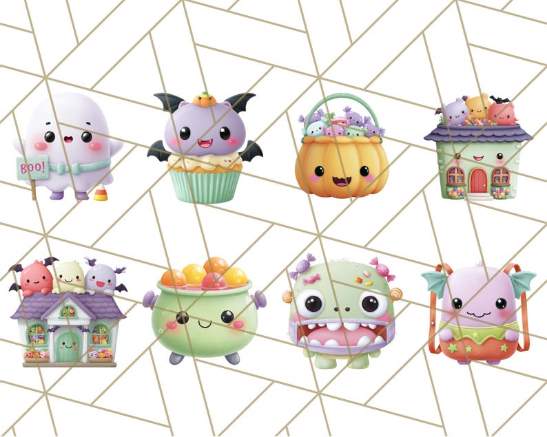 May include: A collection of adorable Halloween-themed illustrations. The images include a ghost holding a "Boo!" sign, a bat cupcake, a pumpkin basket, a house with monsters, a cauldron, a zombie, and a monster with wings. Each character has a cute, cartoonish design.