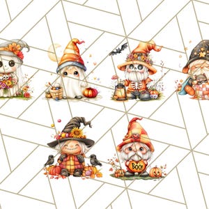 May include: Six Halloween gnomes with different costumes and accessories. The gnomes are wearing hats, scarves, and holding pumpkins, lanterns, and flowers.