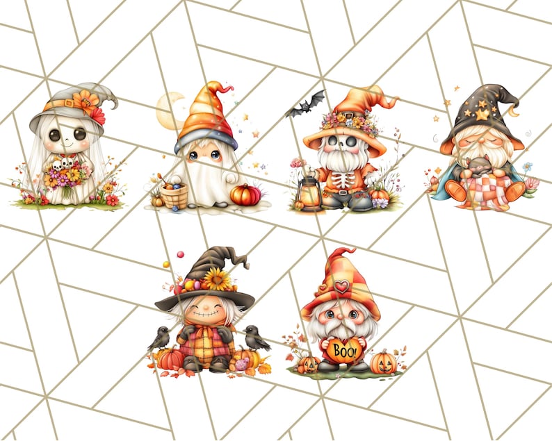 May include: Six Halloween gnomes with different costumes and accessories. The gnomes are wearing hats, scarves, and holding pumpkins, lanterns, and flowers.