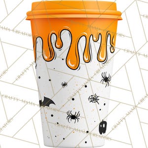 May include: A white Halloween-themed coffee cup with an orange lid and dripping design. The cup features black spiders, a bat, a spiderweb, and a pumpkin. The words "CRAFTY MANIA CREATORS" are printed around the cup.