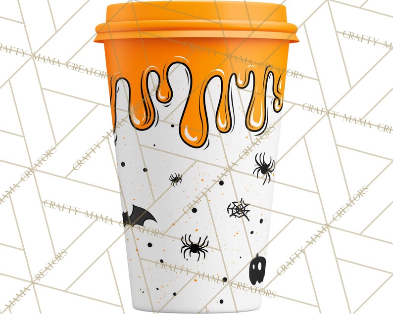 May include: A white Halloween-themed coffee cup with an orange lid and dripping design. The cup features black spiders, a bat, a spiderweb, and a pumpkin. The words "CRAFTY MANIA CREATORS" are printed around the cup.