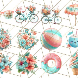 May include: A collection of summer-themed illustrations featuring a beach ball, a coconut with a straw, a donut, ice cream, a bicycle with flowers, an anchor with flowers, sunglasses, and an umbrella.