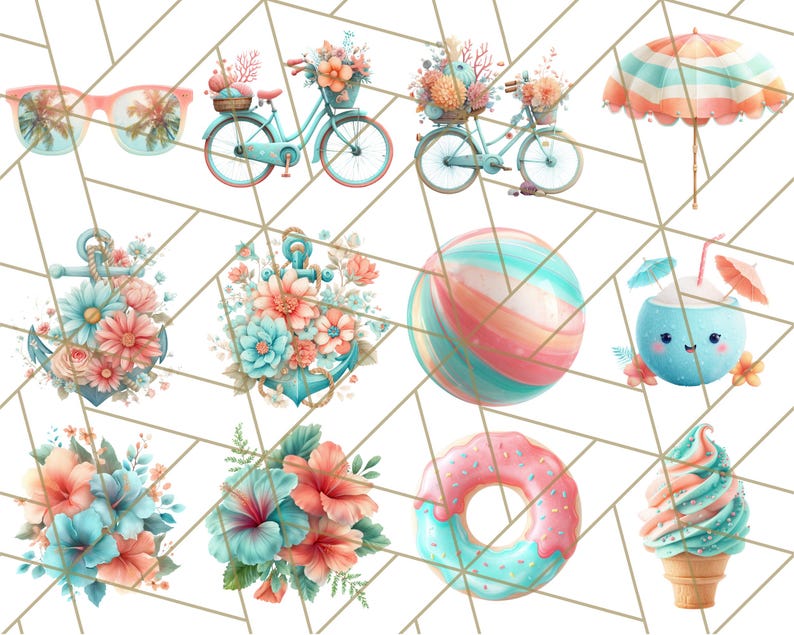 May include: A collection of summer-themed illustrations featuring a beach ball, a coconut with a straw, a donut, ice cream, a bicycle with flowers, an anchor with flowers, sunglasses, and an umbrella.