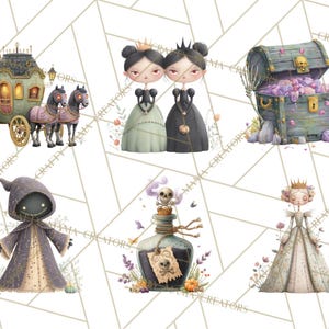 May include: A collection of whimsical illustrations featuring Halloween-themed characters and objects. Includes a carriage with horses, two princesses, a treasure chest, a grim reaper, a potion bottle, and a queen, all in a watercolor style.