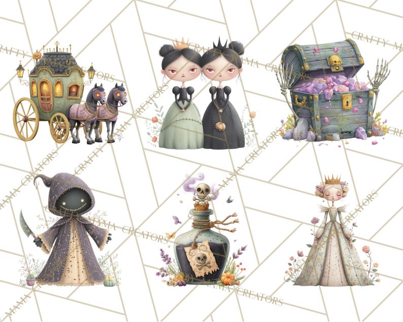 May include: A collection of whimsical illustrations featuring Halloween-themed characters and objects. Includes a carriage with horses, two princesses, a treasure chest, a grim reaper, a potion bottle, and a queen, all in a watercolor style.