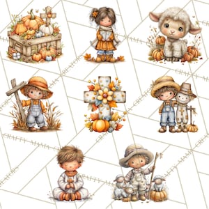 May include: A collection of watercolor illustrations featuring autumn and harvest themes. The images include pumpkins, a wooden crate, a cross, a lamb, and children in fall attire. The color palette is warm, with oranges, browns, and yellows.