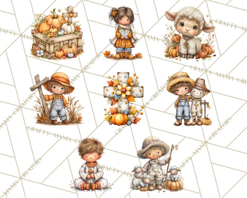 May include: A collection of watercolor illustrations featuring autumn and harvest themes. The images include pumpkins, a wooden crate, a cross, a lamb, and children in fall attire. The color palette is warm, with oranges, browns, and yellows.